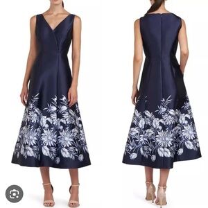 Kay Unger Navy and White Floral Midi Dress